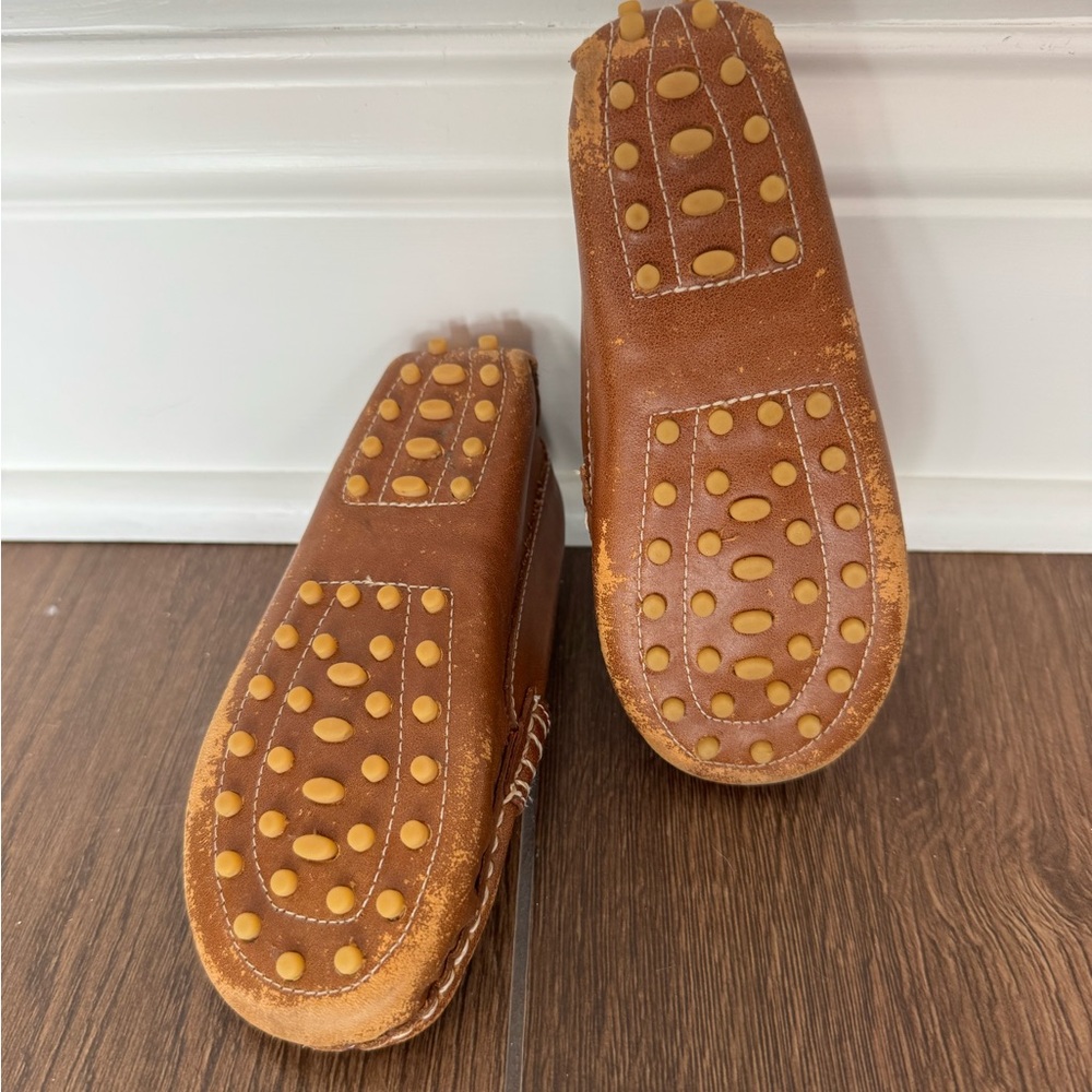 Brown Kids Leather Moccasin Loafers with Red & Navy Stripe - Picture 3 of 3